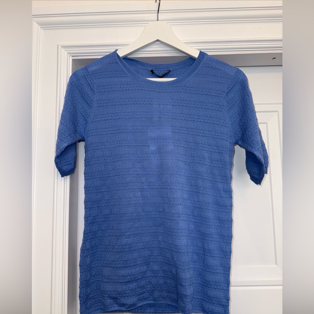 NWT TARA JARMON FINE KNIT CREW BLUE SHORT SLEEVE SIZE 2 PAYPER MERINO WOOL
